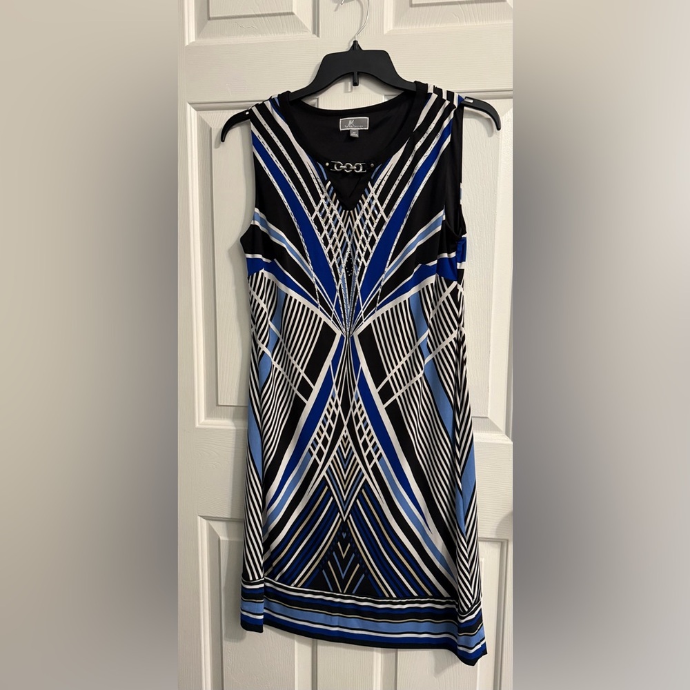 JM Collection Black and Blue Geometric Midi Dress
